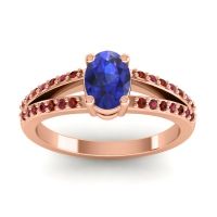 Lab Blue Sapphire Ring In 14K Rose Gold With Garnet And Ruby Bhava-7x5 Oval Modern Ring