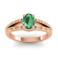 Emerald Ring In 14K Rose Gold With Diamond And Citrine Bhava-7x5 Oval Modern Ring