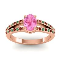 Pink Tourmaline Ring In 18K Rose Gold With Garnet And Emerald Bhava-7x5 Oval Modern Ring
