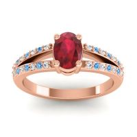 Ruby Ring In 18K Rose Gold With Lab Diamond And Swiss Blue Topaz Bhava-7x5 Oval Modern Ring