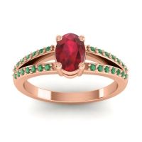 Ruby Ring In 18K Rose Gold With Emerald Bhava-7x5 Oval Modern Ring