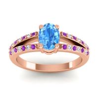 Swiss Blue Topaz Ring In 18K Rose Gold With Amethyst And Lab Diamond Bhava-7x5 Oval Modern Ring