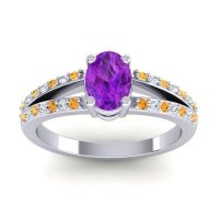 Amethyst Ring In Palladium With Citrine And Lab Diamond Bhava-7x5 Oval Modern Ring