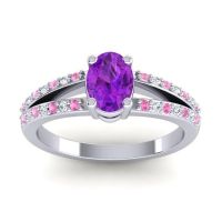 Amethyst Engagement Ring In Palladium With Pink Tourmaline And Diamond - Bhava-7x5 Oval Modern Ring