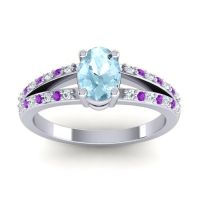 Aquamarine Ring In Palladium With Diamond And Amethyst Bhava-7x5 Oval Modern Ring
