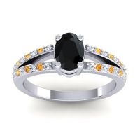 Black Onyx Ring In 14k White Gold With Lab Diamond And Citrine Bhava-7x5 Oval Modern Ring