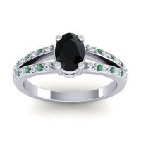Black Onyx Ring In 14k White Gold With Lab Diamond And Emerald Bhava-7x5 Oval Modern Ring