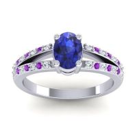 Lab Blue Sapphire Ring In Palladium With Lab Diamond And Amethyst Bhava-7x5 Oval Modern Ring