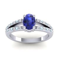 Lab Blue Sapphire Ring In Palladium With Diamond And Aquamarine Bhava-7x5 Oval Modern Ring