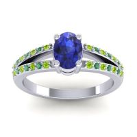 Lab Blue Sapphire Ring In Palladium With Peridot And Emerald Bhava-7x5 Oval Modern Ring