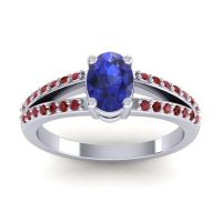 Lab Blue Sapphire Ring In Palladium With Ruby And Garnet Bhava-7x5 Oval Modern Ring