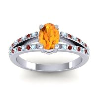 Citrine Ring In Palladium With Aquamarine And Garnet Bhava-7x5 Oval Modern Ring