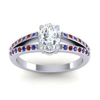 Lab Diamond Ring In 18k White Gold With Blue Sapphire And Garnet Bhava-7x5 Oval Modern Ring