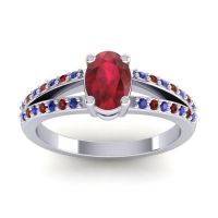 Ruby Ring In Palladium With Blue Sapphire And Garnet Bhava-7x5 Oval Modern Ring