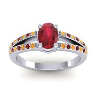 Ruby Ring In Palladium With Citrine And Garnet Bhava-7x5 Oval Modern Ring