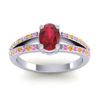Ruby Ring In Palladium With Pink Tourmaline And Citrine Bhava-7x5 Oval Modern Ring