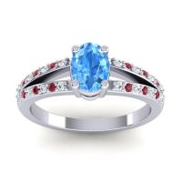Swiss Blue Topaz Ring In Palladium With Diamond And Ruby Bhava-7x5 Oval Modern Ring