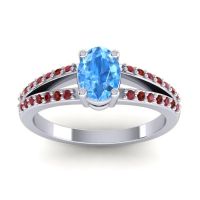 Swiss Blue Topaz Ring In Palladium With Ruby And Garnet Bhava-7x5 Oval Modern Ring