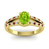 Peridot Ring In 14k Yellow Gold With Diamond And Garnet Bhava-7x5 Oval Modern Ring