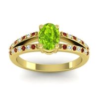 Peridot Engagement Ring In 18k Yellow Gold With Garnet And Diamond - Bhava-7x5 Oval Modern Ring