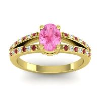 Pink Tourmaline Engagement Ring In 18k Yellow Gold With Ruby And Diamond - Bhava-7x5 Oval Modern Ring