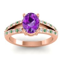 Amethyst Ring In 18K Rose Gold With Lab Diamond And Emerald Vivara Oval Modern Ring