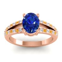 Lab Blue Sapphire Ring In 14K Rose Gold With Diamond And Citrine Vivara Oval Modern Ring