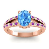 Swiss Blue Topaz Ring In 18K Rose Gold With Amethyst And Lab Diamond Vivara Oval Modern Ring