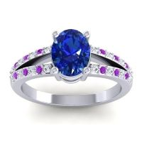 Lab Blue Sapphire Ring In Palladium With Lab Diamond And Amethyst Vivara Oval Modern Ring