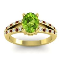 Peridot Ring In 14k Yellow Gold With Diamond And Garnet Vivara Oval Modern Ring