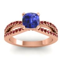 Lab Blue Sapphire Ring In 14K Rose Gold With Garnet And Ruby Dola-6 Cushion Modern Ring