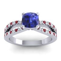 Lab Blue Sapphire Engagement Ring In 18k White Gold With Ruby And Diamond - Dola-6 Cushion Modern Ring