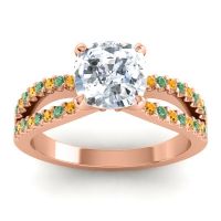 Diamond Ring In 14K Rose Gold With Emerald And Citrine Dola-7 Cushion Modern Ring