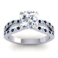 Diamond Ring In 14k White Gold With Aquamarine And Black Onyx Dola-7 Cushion Modern Ring