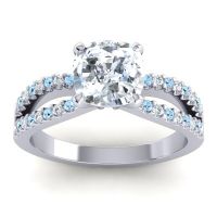 Diamond Ring In 18k White Gold With Aquamarine Dola-7 Cushion Modern Ring