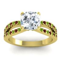 Diamond Ring In 14k Yellow Gold With Garnet And Peridot Dola-7 Cushion Modern Ring