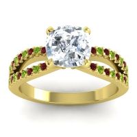 Diamond Ring In 14k Yellow Gold With Peridot And Garnet Dola-7 Cushion Modern Ring