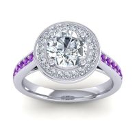 Diamond Ring In 14k White Gold With Amethyst Udatta Round Halo Ring
