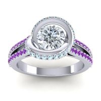 Diamond Ring In Palladium With Aquamarine And Amethyst Bhramana Round Modern Ring