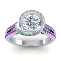 Diamond Ring In Palladium With Emerald And Amethyst Bhramana Round Modern Ring
