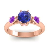 Lab Blue Sapphire Ring In 14K Rose Gold With Amethyst And Pink Tourmaline Atta Pear Three-stone Ring