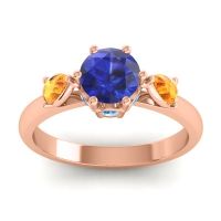 Lab Blue Sapphire Ring In 18K Rose Gold With Citrine And Swiss Blue Topaz Atta Pear Three-stone Ring