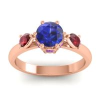 Lab Blue Sapphire Ring In 14K Rose Gold With Ruby And Amethyst Atta Pear Three-stone Ring