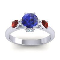 Lab Blue Sapphire Ring In 18k White Gold With Garnet And Aquamarine Atta Pear Three-stone Ring