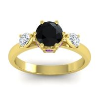 Black Onyx Ring In 14k Yellow Gold With Diamond And Amethyst Atta Pear Three-stone Ring