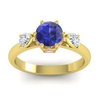 Lab Blue Sapphire Ring In 14k Yellow Gold With Diamond And Pink Tourmaline Atta Pear Three-stone Ring