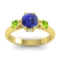 Lab Blue Sapphire Ring In 18k Yellow Gold With Peridot And Aquamarine Atta Pear Three-stone Ring
