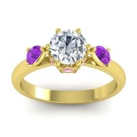 Lab Diamond Ring In 14k Yellow Gold With Amethyst And Pink Tourmaline Atta Pear Three-stone Ring
