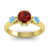 Garnet Ring In 18k Yellow Gold With Swiss Blue Topaz And Lab Diamond Atta Pear Three-stone Ring
