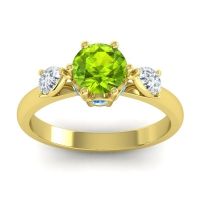 Peridot Ring In 18k Yellow Gold With Diamond And Swiss Blue Topaz Atta Pear Three-stone Ring